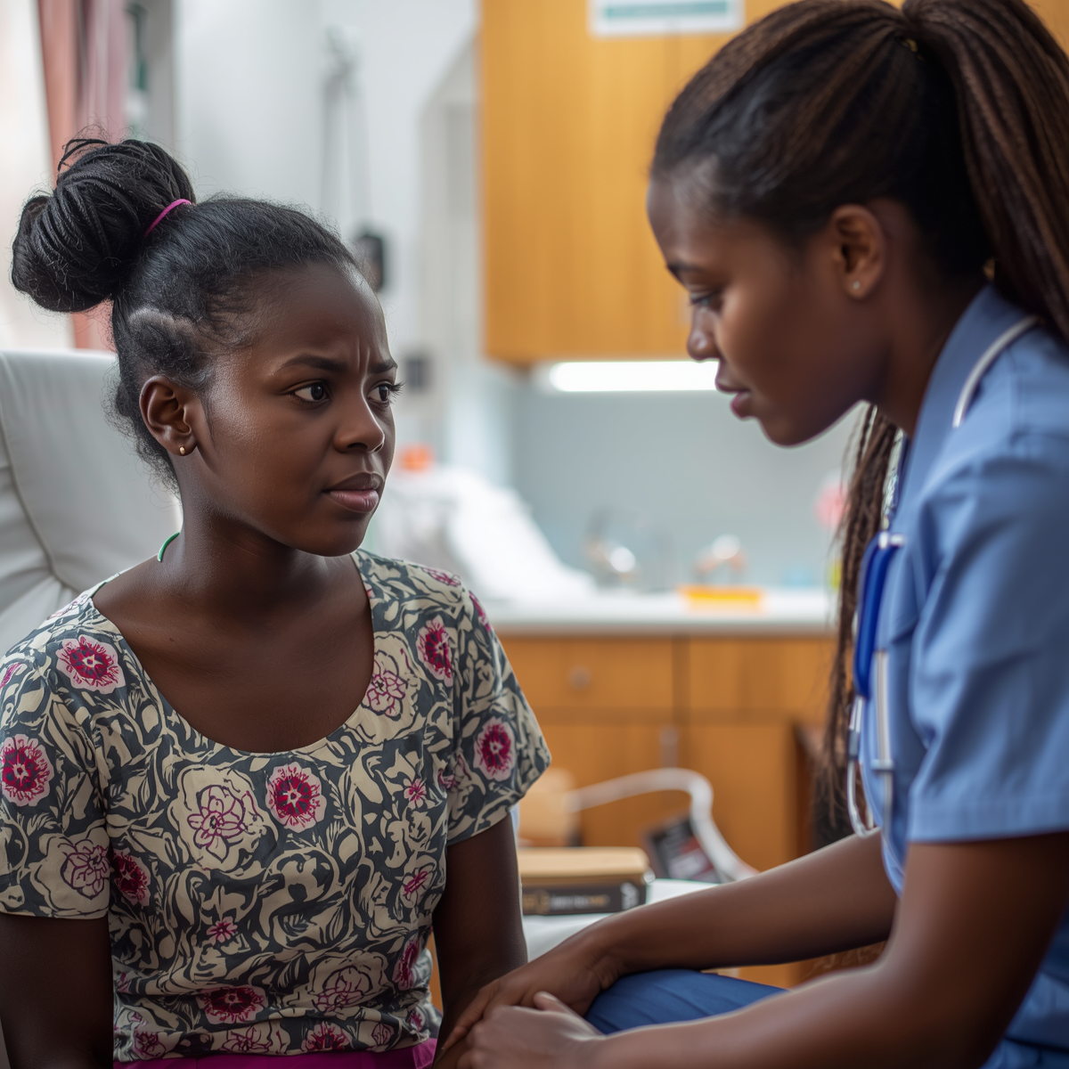 A 20 year old girl from Benin talking to a nurse in a healthcare setting