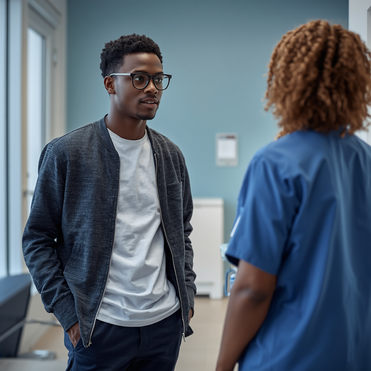 A 21 year old male from Benin in modern casual clothing talking to a nurse in a healthcare setting realistic photography no uniform 1