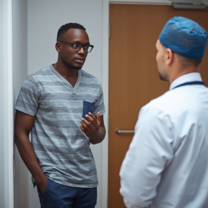 A 28 year old male from Benin in modern casual clothing talking to a healthcare professional in a clinic realistic photography 1