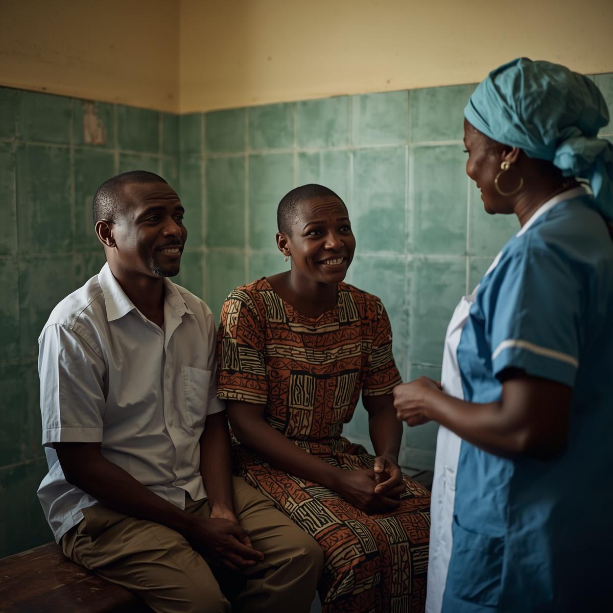 A couple talking to a nurse in a healthcare clinic in Benin realistic photographic style no animation or illustration