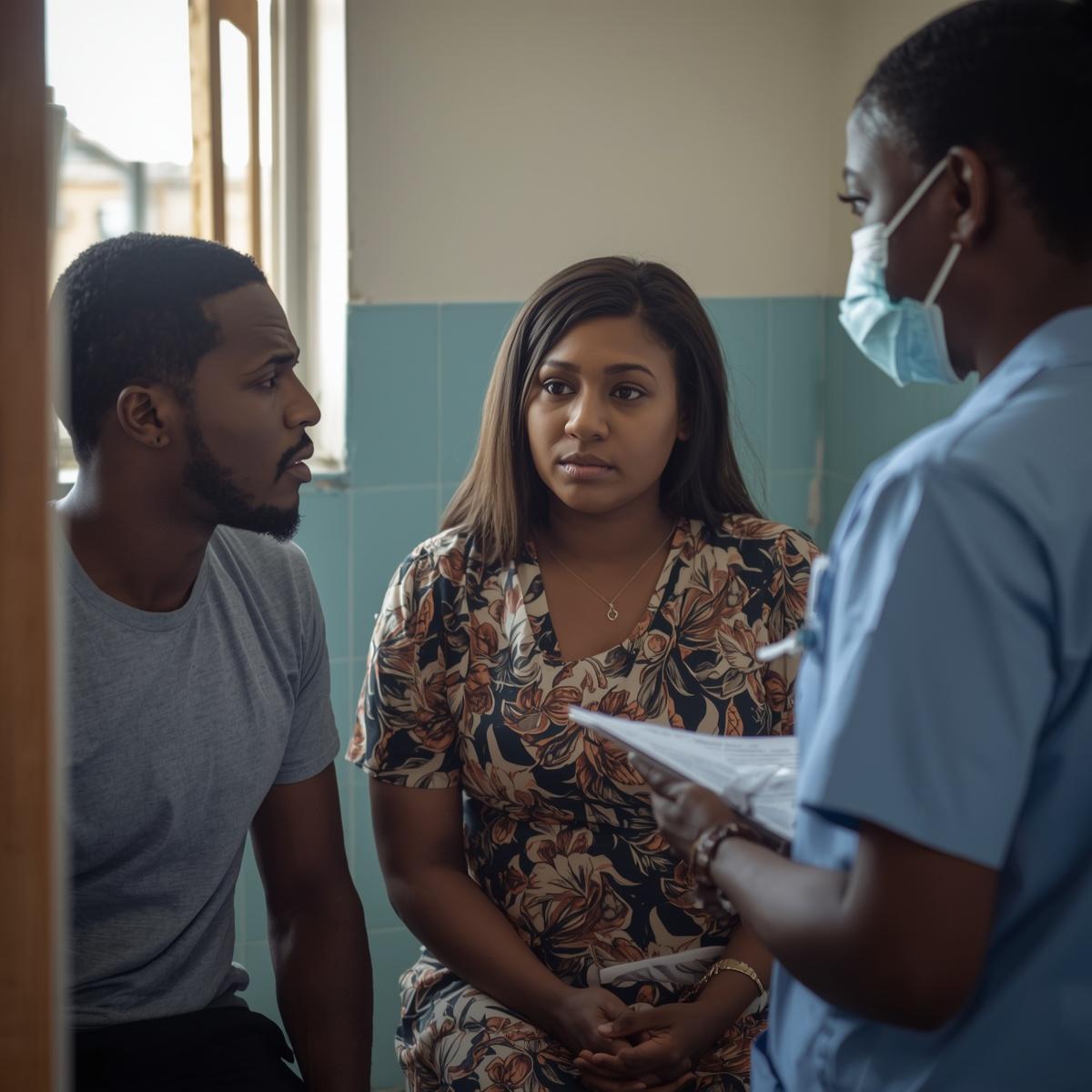 A couple talking to a nurse in a healthcare clinic in Benin
