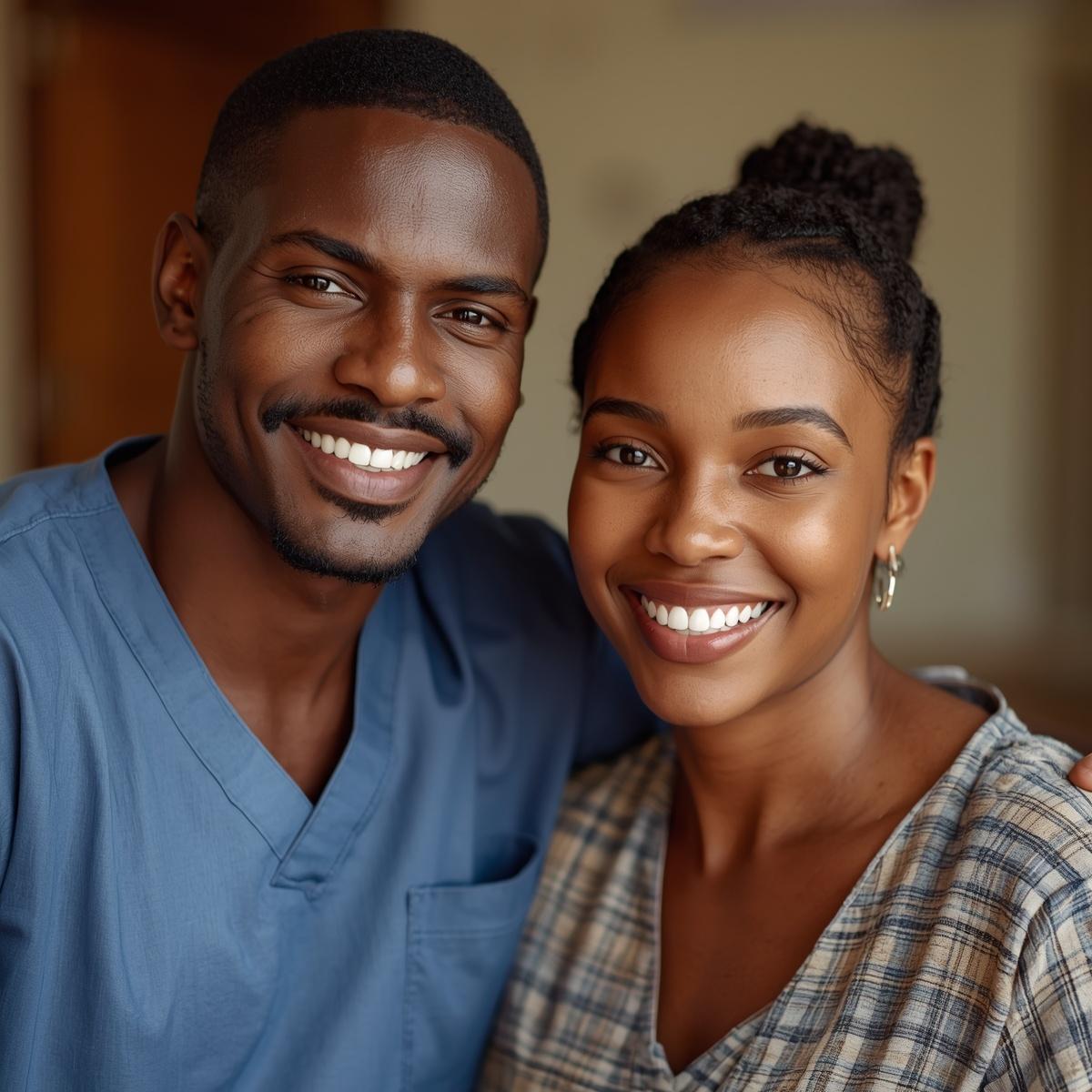 A male and female friend from Benin smiling at the camera in a healthcare setting