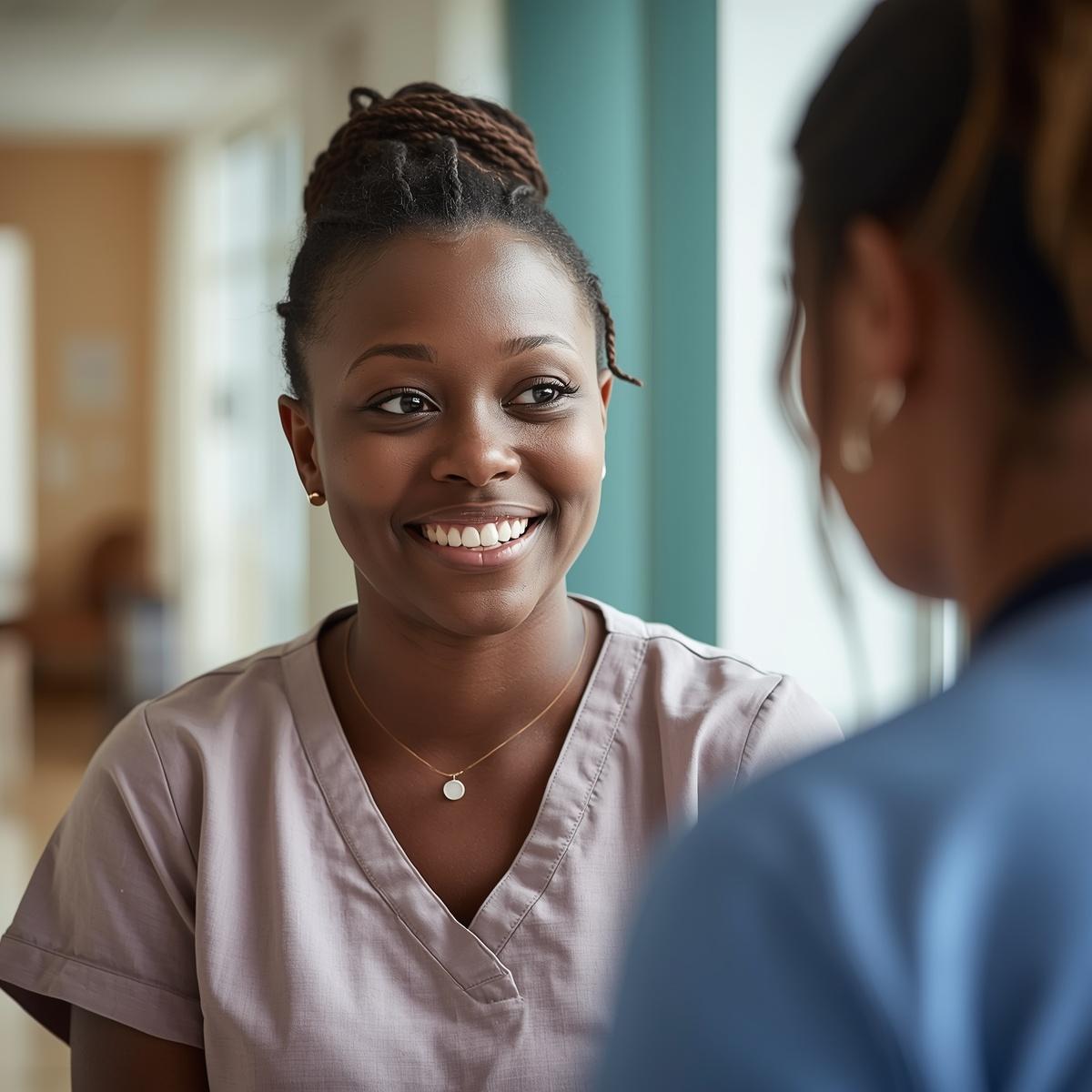 Dépistage du cancer du col de l'utérus, test Pap et test HPV 2 Woman from Benin aged 21 smiling while talking to a nurse in a healthcare setting realistic photographic style