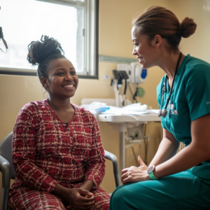 A 20 year old girl from Benin talking to a nurse in a healthcare setting 1