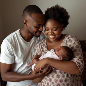 A couple from Benin with their newborn baby 1