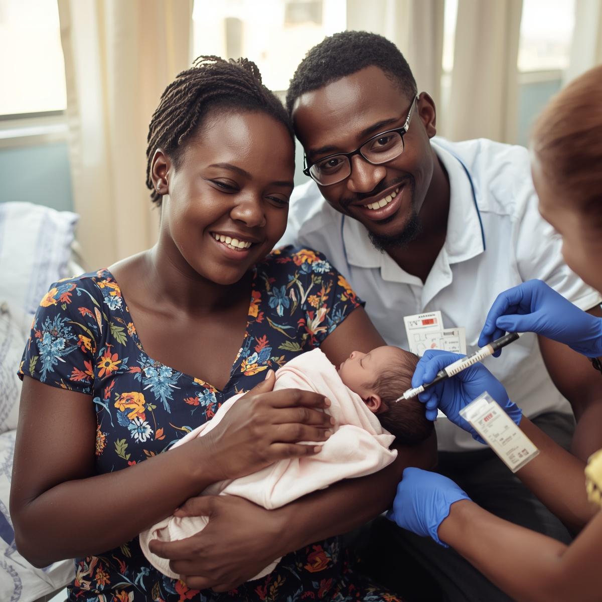 Services postnatals 3 Couple from Benin with newborn baby in a healthcare setting